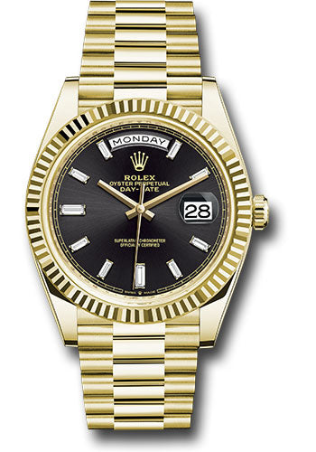 Rolex Yellow Gold Day-Date 40mm Fluted Bezel - Black Baguette Diamond Dial228238