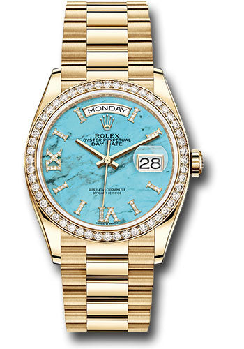 Rolex Yellow Gold Day-Date 36mm Turquoise Diamond Roman Dial  128348RBR