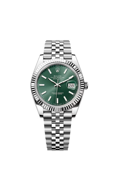 Rolex Steel and White Gold Rolesor Datejust 41 Watch - Fluted Bezel - Green Index Dial - Jubilee Bracelet - 126334