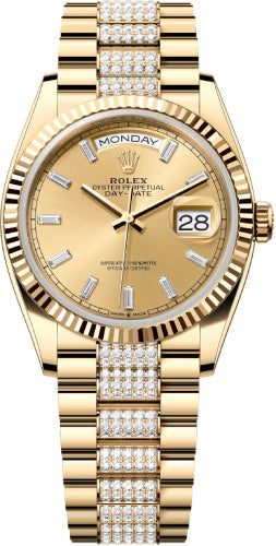 Rolex Day-Date 36 36mm Champagne Diamond-Set Dial Fluted Bezel with Diamond-Set President Bracelet - 128238