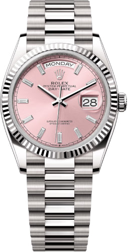 Rolex Day-Date 36 36mm Pink Diamond-Set Dial Fluted Bezel President Bracelet - 128239