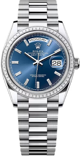 Rolex Day-Date 36 36mm Bright-Blue Diamond-Set Dial Diamond-Set Bezel President Bracelet - 128396TBR