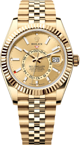 Rolex Sky-Dweller Yellow Gold 42mm Champagne Dial Fluted Bezel Jubilee Bracelet - 336938