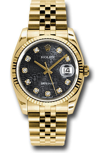 Rolex Yellow Gold Datejust 36 Watch - Fluted Bezel - Black Jubilee Diamond Dial - Jubilee Bracelet - 116238 bkjdj