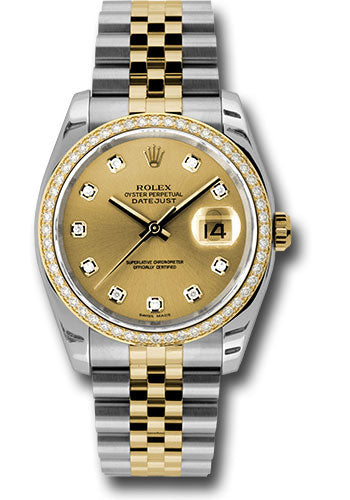 Rolex Steel and Yellow Gold Rolesor Datejust 36 Watch - 52 Brilliant-Cut Diamond Bezel - Champagne Diamond Dial - Jubilee Bracelet - 116243 chdj