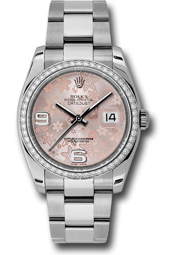 Rolex Steel and White Gold Datejust 36 Watch - 52 Diamond Bezel - Pink Floral Arabic Dial - Oyster Bracelet - 116244  pfao