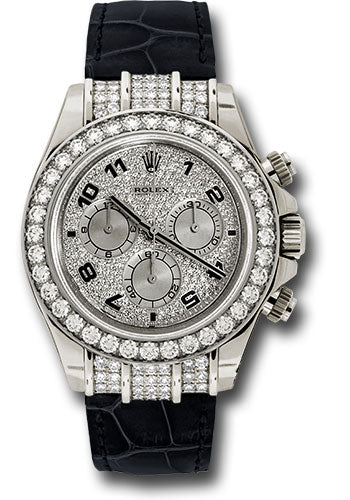 Rolex White Gold Cosmograph Daytona 40 Watch - Pave Diamond Enamel Arabic Dial - Black Leather Strap - 116599RBR