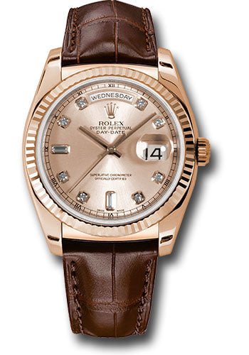 Rolex Everose Gold Day-Date 36 Watch - Fluted Bezel - Pink Diamond Dial - Brown Leather - 118135 pdl