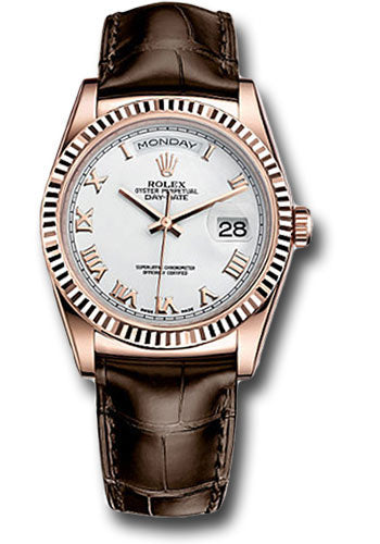 Rolex Everose Gold Day-Date 36 Watch - Fluted Bezel - White Roman Dial - Brown Leather - 118135 wrbr
