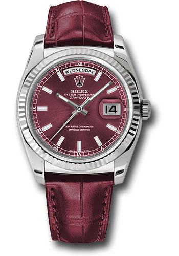 Rolex White Gold Day-Date 36 Watch - Fluted Bezel - Cherry Index Dial - Cherry Leather - 118139 chl