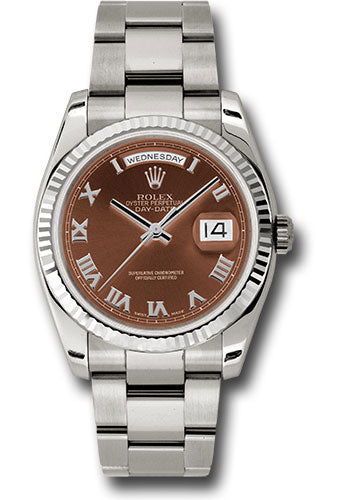 Rolex White Gold Day-Date 36 Watch - Fluted Bezel - Havana Brown Roman Dial - Oyster Bracelet - 118239 hbro