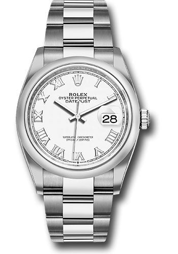 Rolex Steel Datejust 36 Watch - Domed Bezel - White Roman Dial - Oyster Bracelet - 126200 wro