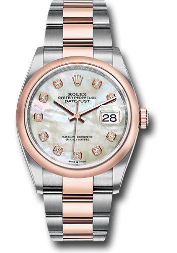 Rolex Steel and Everose Rolesor Datejust 36 Watch - Domed Bezel - White Mother-Of-Pearl Diamond Dial - Oyster Bracelet - 126201 mdo
