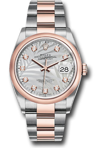 Rolex Everose Rolesor Datejust 36 Watch - Domed Bezel - Silver Palm Motif Diamond Dial - Oyster Bracelet - 126201 spmdo