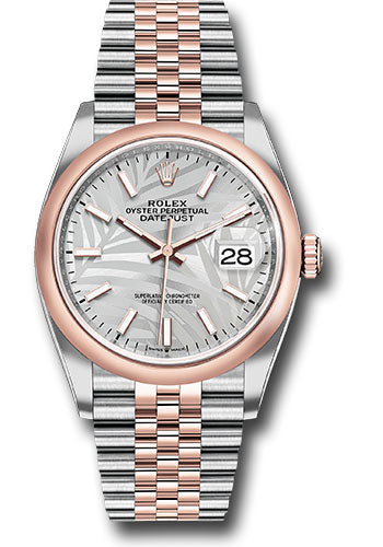 Rolex Everose Rolesor Datejust 36 Watch - Domed Bezel - Silver Palm Motif Index Dial - Jubilee Bracelet - 126201 spmij