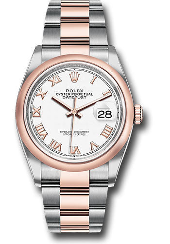 Rolex Steel and Everose Rolesor Datejust 36 Watch - Domed Bezel - White Roman Dial - Oyster Bracelet - 126201 wro
