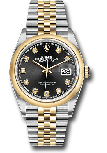 Rolex Steel and Yellow Gold Rolesor Datejust 36 Watch - Domed Bezel - Black Diamond Dial - Jubilee Bracelet - 126203 bkdj