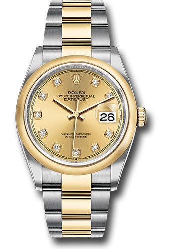 Rolex Steel and Yellow Gold Rolesor Datejust 36 Watch - Domed Bezel - Champagne Diamond Dial - Oyster Bracelet - 126203 chdo