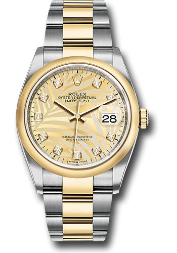 Rolex Yellow Rolesor Datejust 36 Watch - Domed Bezel - Golden Palm Motif Diamond Dial - Oyster Bracelet - 126203 gpmdo
