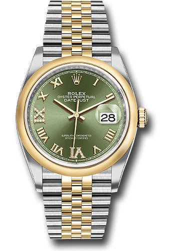 Rolex Steel and Yellow Gold Rolesor Datejust 36 Watch - Domed Bezel - Olive Green Roman Dial - Jubilee Bracelet - 126203 ogdr69j