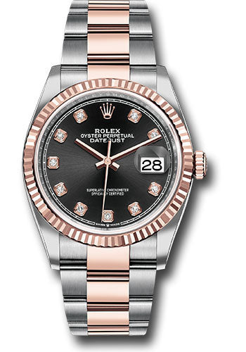 Rolex Steel and Everose Rolesor Datejust 36 Watch - Fluted Bezel - Black Diamond Dial - Oyster Bracelet - 126231 bkdo