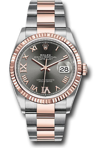 Rolex Steel and Everose Rolesor Datejust 36 Watch - Fluted Bezel - Dark Rhodium Roman Dial - Oyster Bracelet - 126231 dkrdr69o