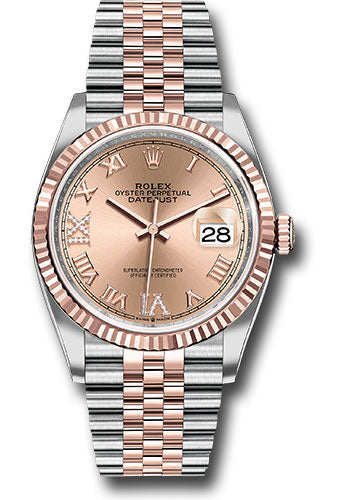 Rolex Steel and Everose Rolesor Datejust 36 Watch - Fluted Bezel - Rose Roman Dial - Jubilee Bracelet - 126231 rdr69j