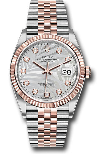 Rolex Everose Rolesor Datejust 36 Watch - Fluted Bezel - Silver Palm Motif Diamond Dial - Jubilee Bracelet - 126231 spmdj