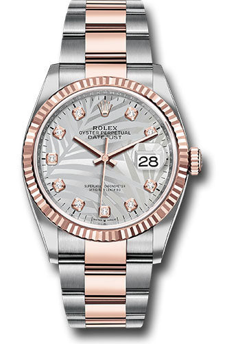 Rolex Everose Rolesor Datejust 36 Watch - Fluted Bezel - Silver Palm Motif Diamond Dial - Oyster Bracelet - 126231 spmdo