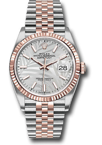 Rolex Everose Rolesor Datejust 36 Watch - Fluted Bezel - Silver Palm Motif Index Dial - Jubilee Bracelet - 126231 spmij