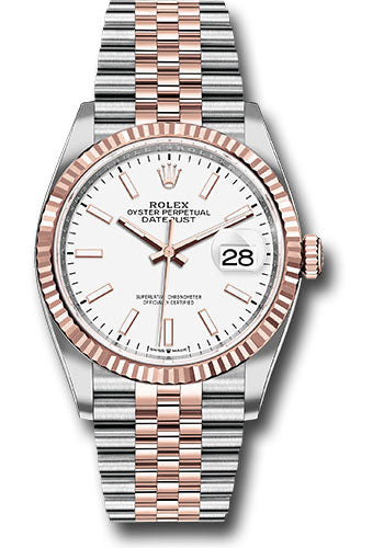 Rolex Steel and Everose Rolesor Datejust 36 Watch - Fluted Bezel - White Index Dial - Jubilee Bracelet - 126231 wij