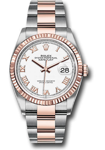 Rolex Steel and Everose Rolesor Datejust 36 Watch - Fluted Bezel - White Roman Dial - Oyster Bracelet - 126231 wro