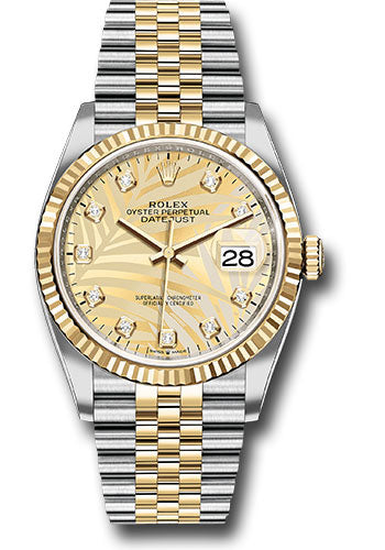 Rolex Yellow Rolesor Datejust 36 Watch - Fluted Bezel - Golden Palm Motif Diamond Dial - Jubilee Bracelet - 126233 gpmdj