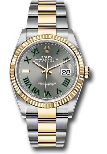 Rolex Yellow Rolesor Datejust 36 Watch - Fluted Bezel - Slate Roman Dial - Oyster Bracelet - 126233 slgro