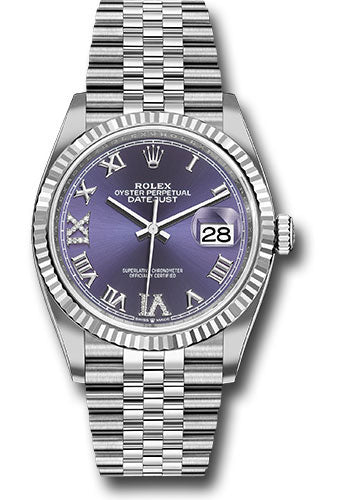 Rolex Steel Datejust 36 Watch - Fluted Bezel - Aubergine Purple Diamond Roman VI and IX Dial - Jubilee Bracelet - 126234 audr69j