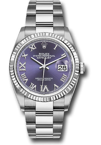 Rolex Steel Datejust 36 Watch - Fluted Bezel - Aubergine Purple Diamond Roman VI and IX Dial - Oyster Bracelet - 126234 audr69o