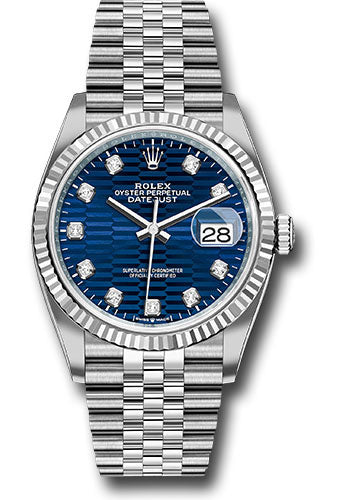 Rolex White Rolesor Datejust 36 Watch - Fluted Bezel - Bright Blue Fluted Motif Diamond Dial - Jubilee Bracelet - 126234 blflmdj