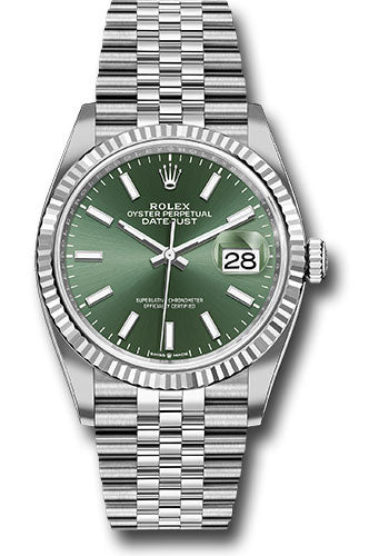 Rolex White Rolesor Datejust 36 Watch - Fluted Bezel - Mint Green Index Dial - Jubilee Bracelet - 126234 mgij
