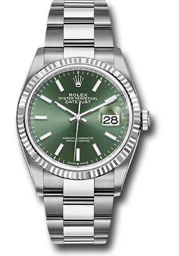 Rolex White Rolesor Datejust 36 Watch - Fluted Bezel - Mint Green Index Dial - Oyster Bracelet - 126234 mgio