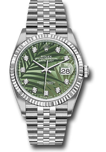 Rolex White Rolesor Datejust 36 Watch - Fluted Bezel - Olive Green Palm Motif Diamond 6 Dial - Jubilee Bracelet - 126234 ogpmdj