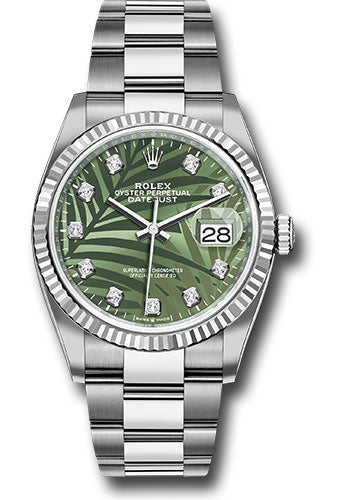 Rolex White Rolesor Datejust 36 Watch - Fluted Bezel - Olive Green Palm Motif Diamond 6 Dial - Oyster Bracelet - 126234 ogpmdo
