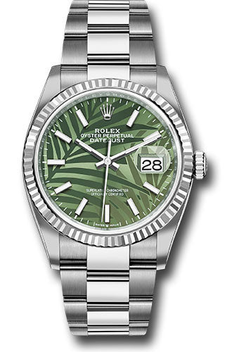 Rolex White Rolesor Datejust 36 Watch - Fluted Bezel - Olive Green Palm Motif Dial - Oyster Bracelet - 2021 Release - 126234 ogpmio