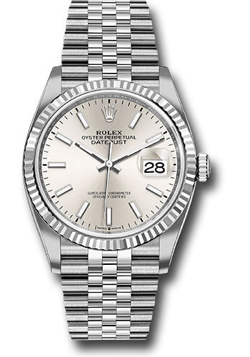 Rolex Steel Datejust 36 Watch - Fluted Bezel - Silver Index Dial - Jubilee Bracelet - 126234 sij