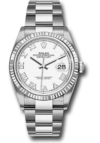 Rolex Steel Datejust 36 Watch - Fluted Bezel - White Roman Dial - Oyster Bracelet - 126234 wro