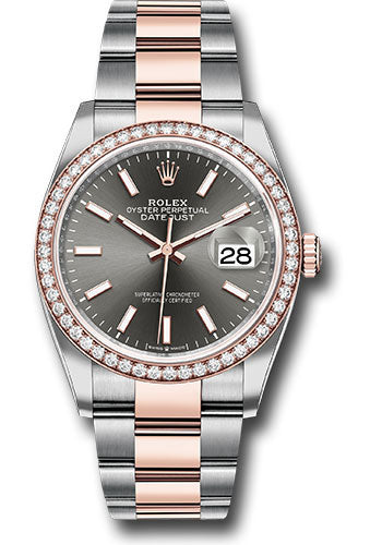 Rolex Steel and Everose Rolesor Datejust 36 Watch - Diamond Bezel - Dark Rhodium Index Dial - Oyster Bracelet - 126281RBR dkrio