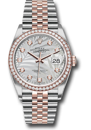 Rolex Everose Rolesor Datejust 36 Watch - Diamond Bezel - Silver Palm Motif Diamond Dial - Jubilee Bracelet - 126281rbr spmdj