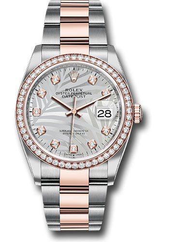 Rolex Everose Rolesor Datejust 36 Watch - Diamond Bezel - Silver Palm Motif Diamond Dial - Oyster Bracelet - 126281rbr spmdo
