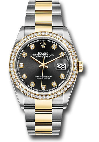 Rolex Steel and Yellow Gold Rolesor Datejust 36 Watch - Diamond Bezel - Black Diamond Dial - Oyster Bracelet - 126283RBR bkdo