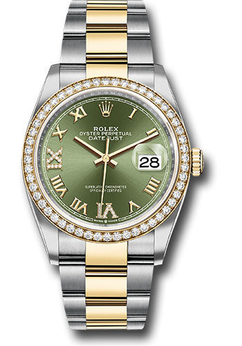 Rolex Steel and Yellow Gold Rolesor Datejust 36 Watch - Diamond Bezel - Olive Green Roman Dial - Oyster Bracelet - 126283RBR ogdr69o