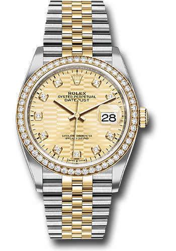 Rolex Yellow Rolesor Datejust 36 Watch - Diamond Bezel - Golden Fluted Motif Diamond Dial - Jubilee Bracelet - 126283rbr gflmdj